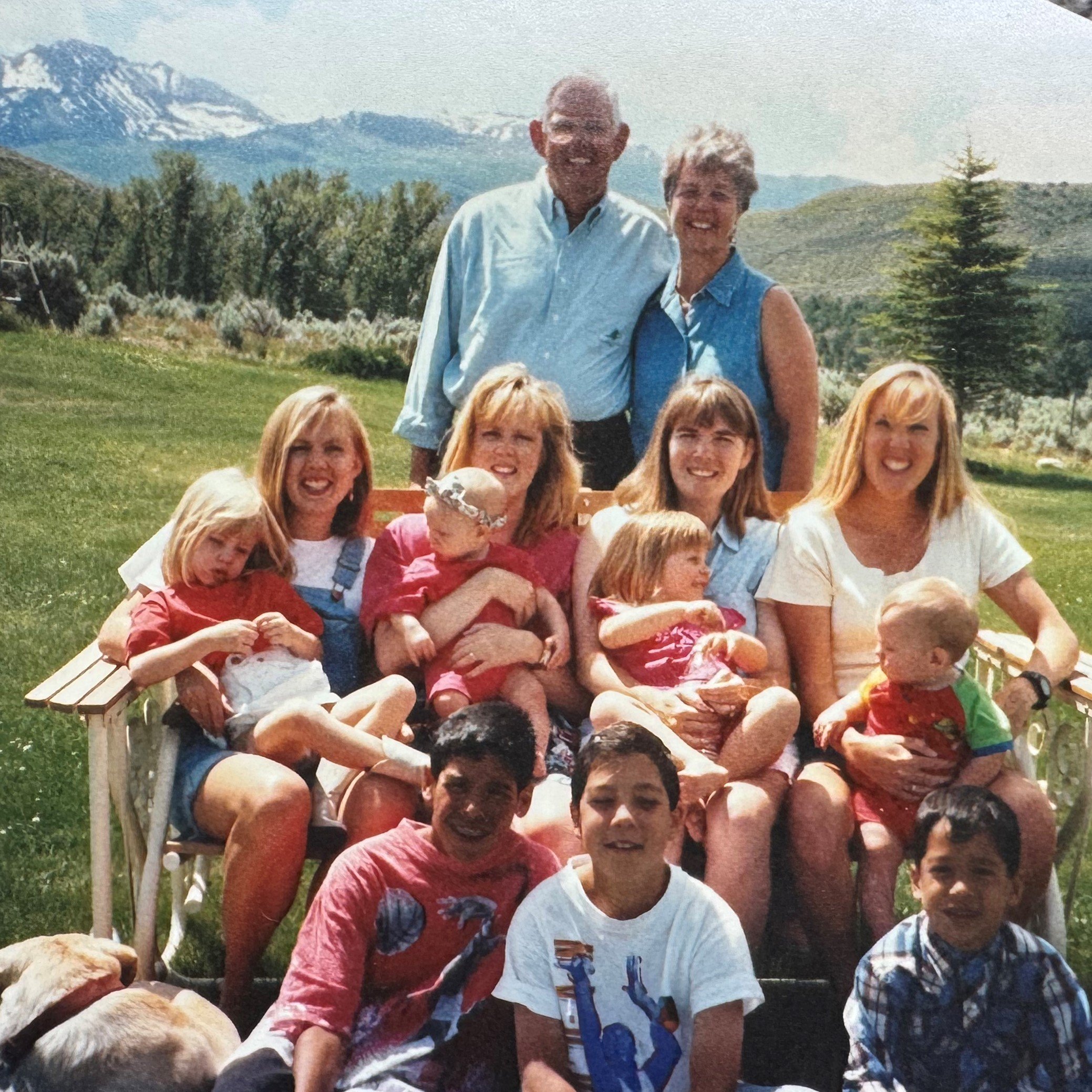 Large family photo in the backyard of Joe Dangaran's childhood Nevada home