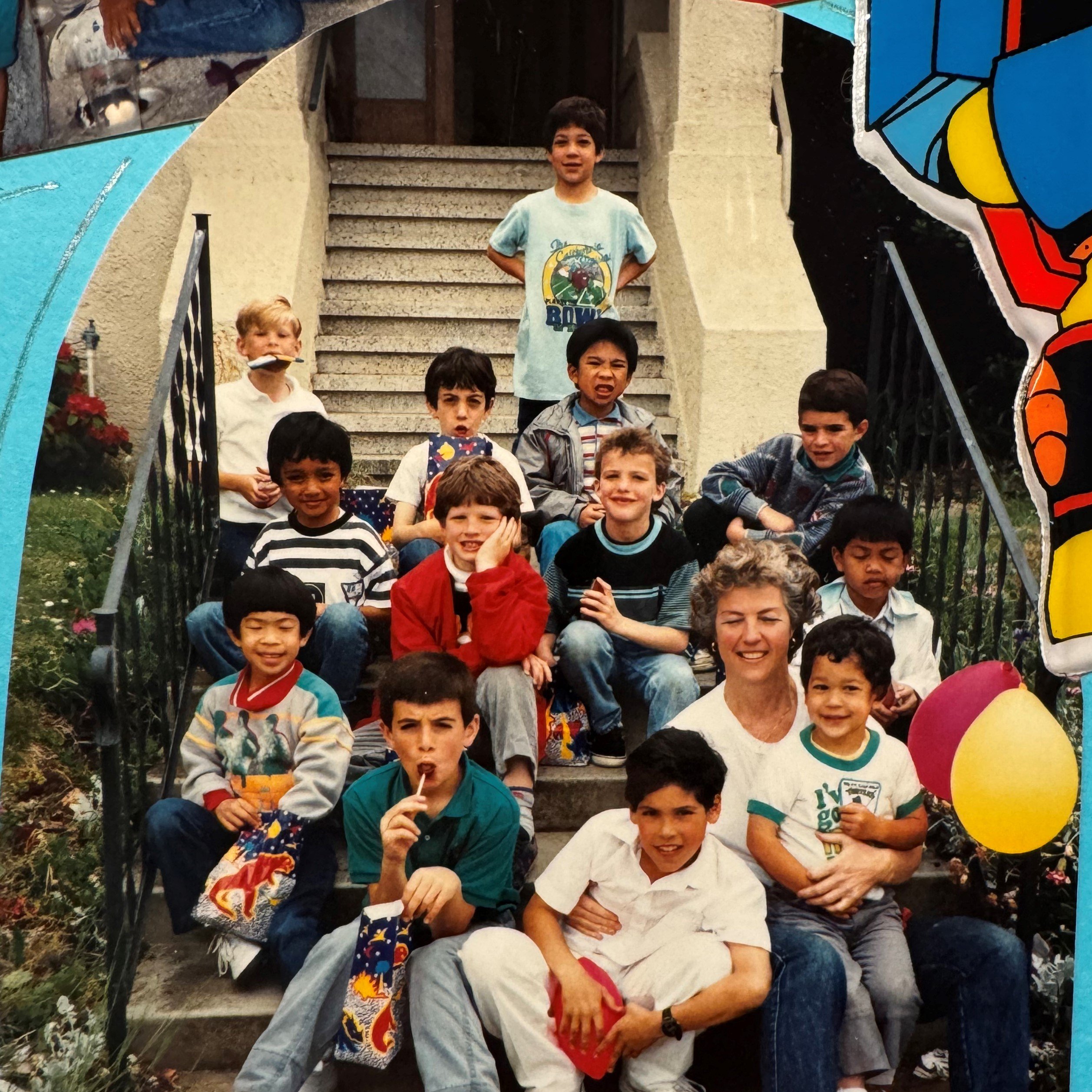 Childhood photo of Joe Dangaran and friends sitting on steps at his seventh birthday party