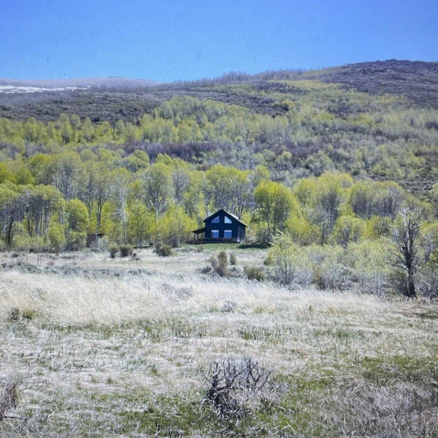 Wide shot of Joe Dangaran's childhood cabin with expansive natural terrain surrounding it