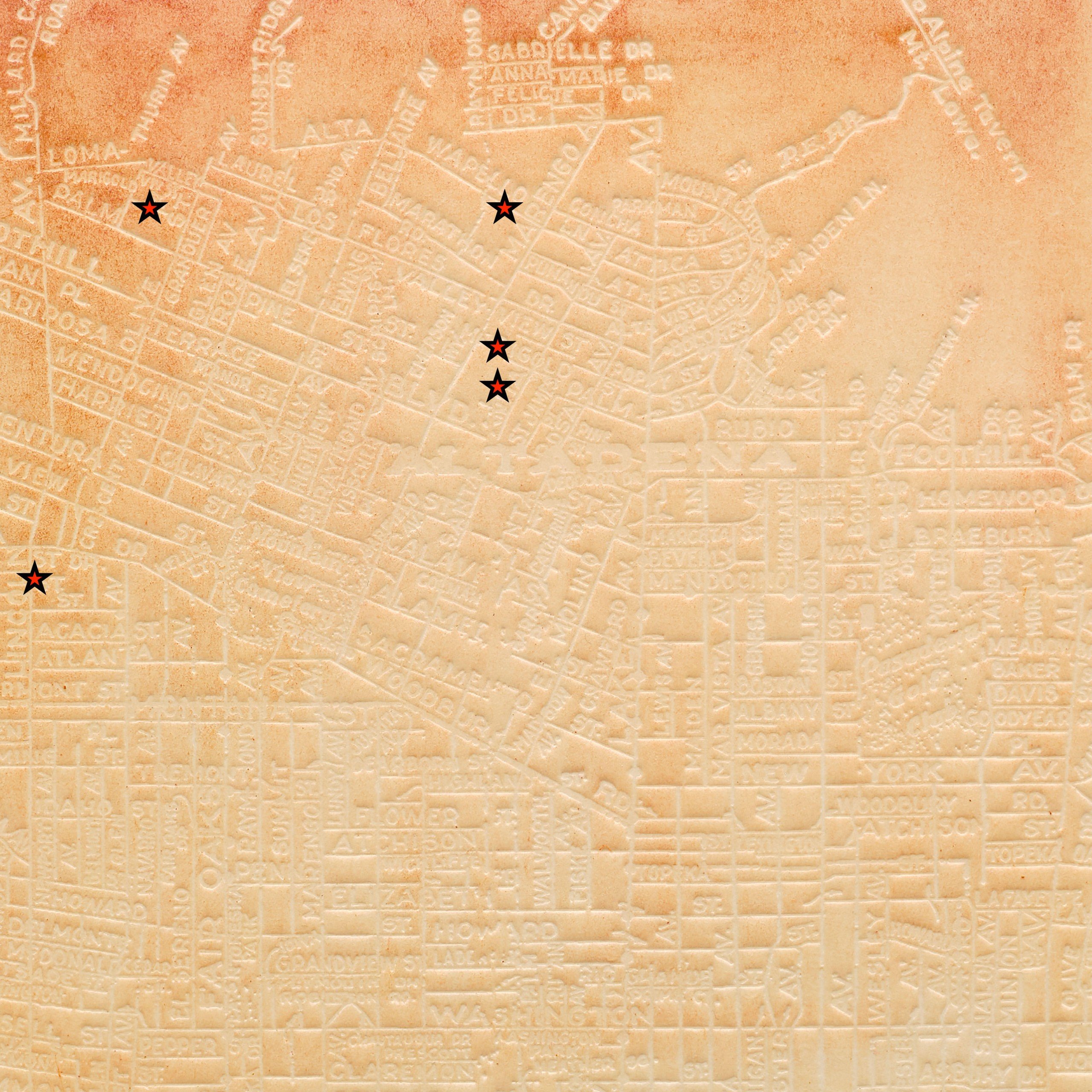 Warm-toned map artwork of Altadena with red stars indicating important places to artist Kenturah Davis