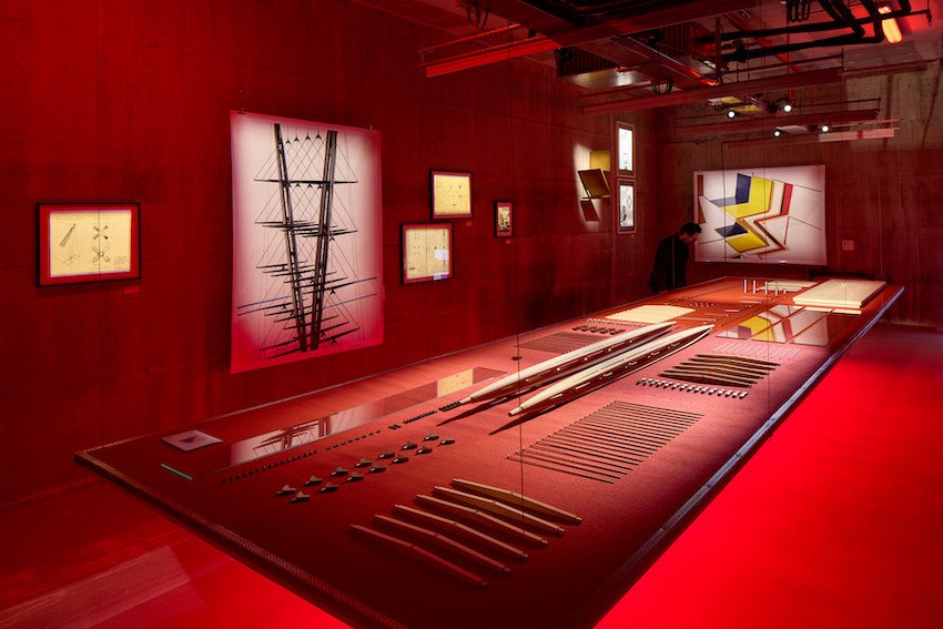 Installation view of a disassembled shelf in an exhibition