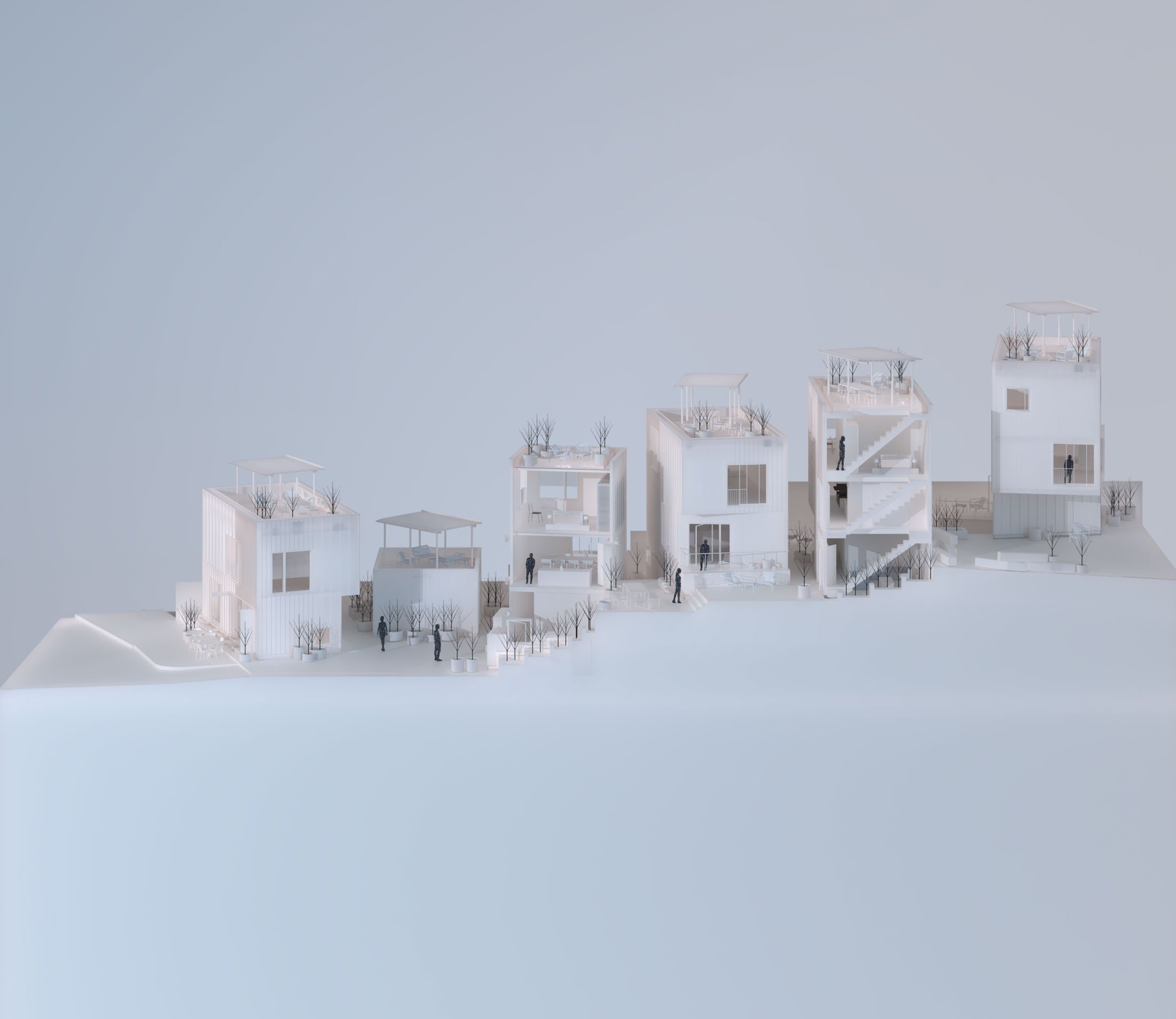 White miniature model of a modern bungalow court on a hill