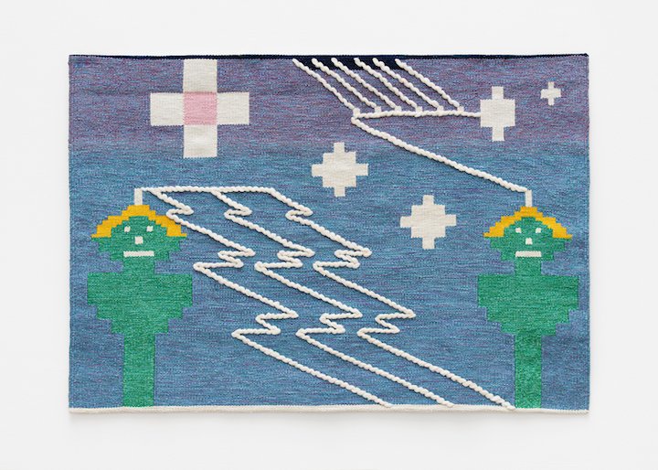 A blue and green weaving by artist Charlotte Johannesson called “Brainwaves” (1970, remade by Tiyoko Tomikawa in 2020)