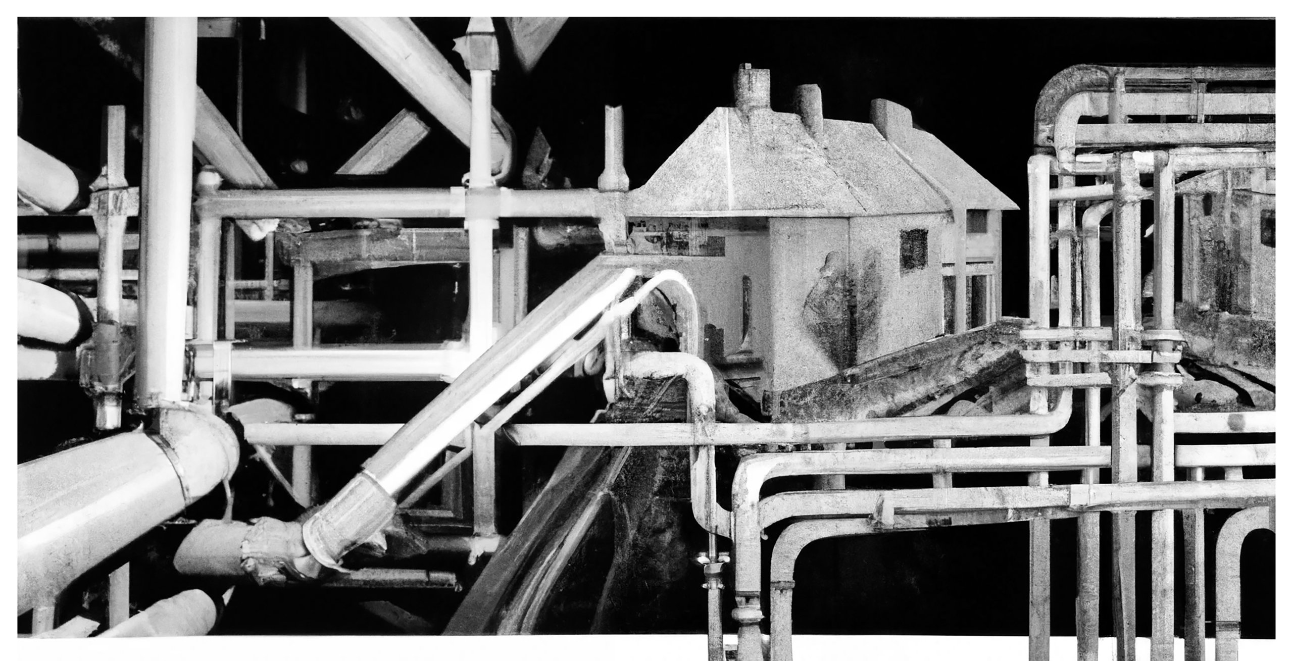 Black and white abstract digital collage of pipes and buildings connecting and overlapping