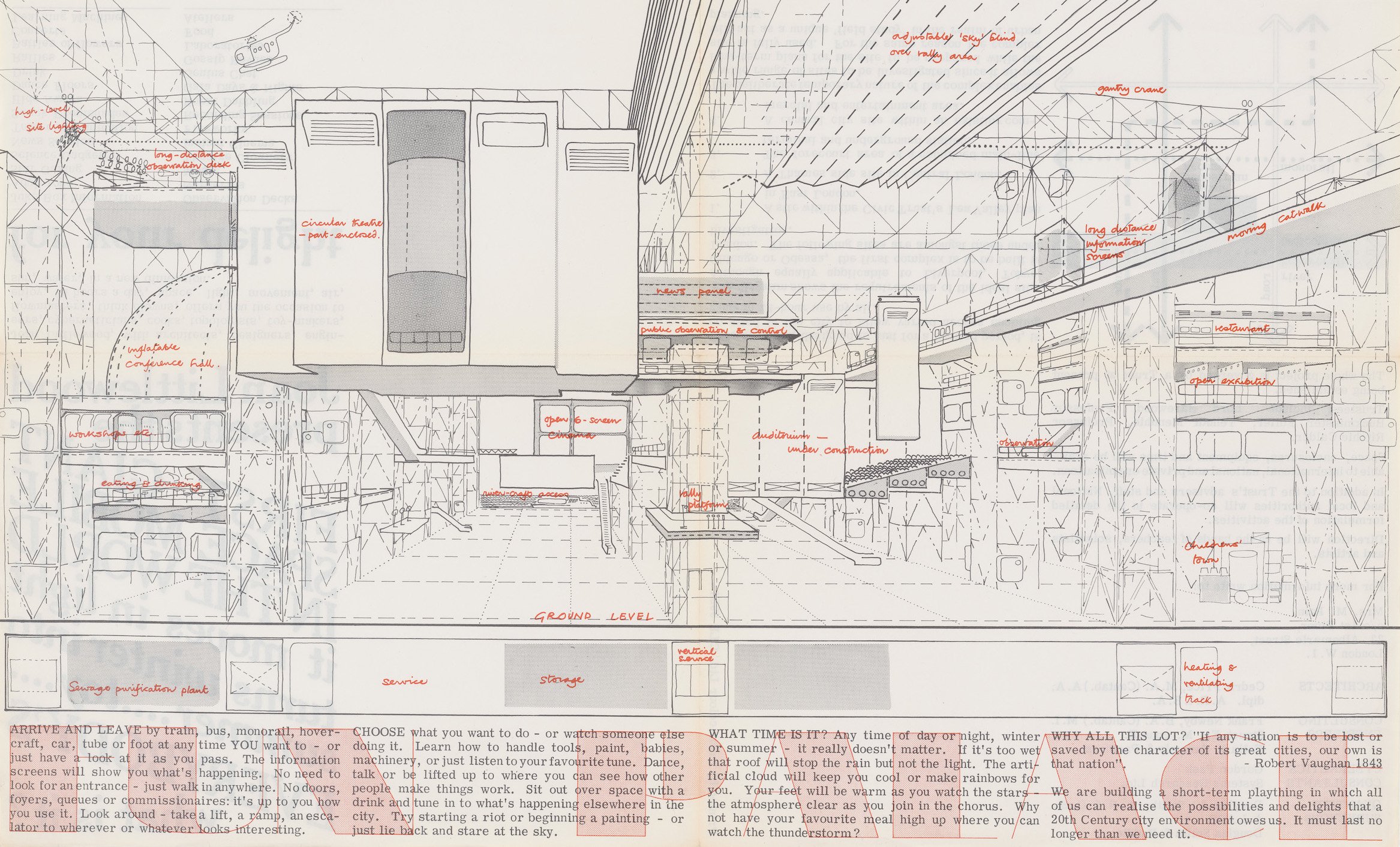 marked up architectural sketch of Cedric Price's Fun Palace with typed notes at the bottom