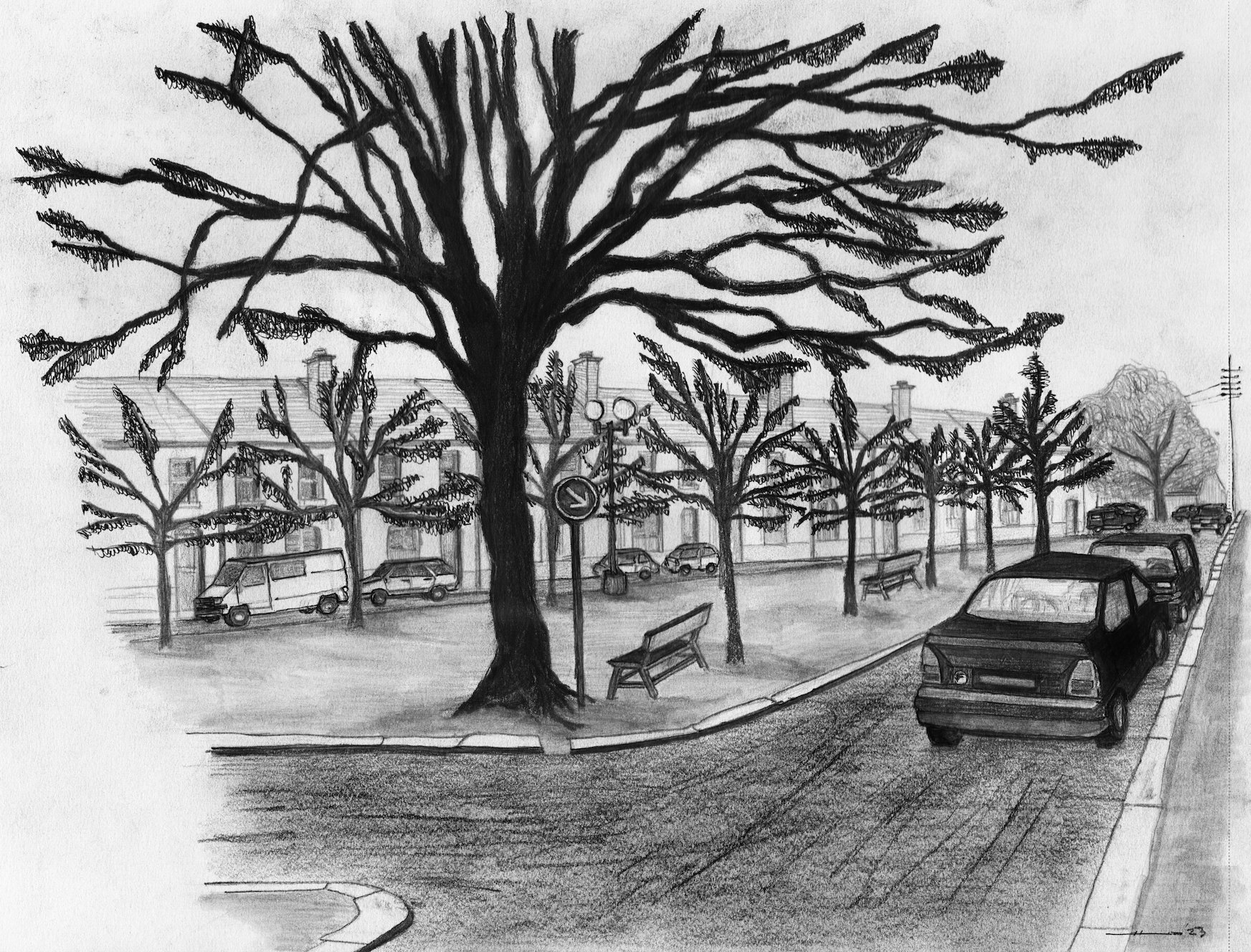 black and white illustration of Lacaton and Vassal's Place Léon Aucoc in Bordeaux