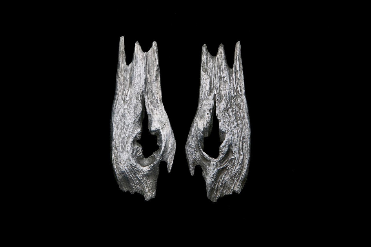 Abstract wooden serving forks that look like natural artifacts against a black background