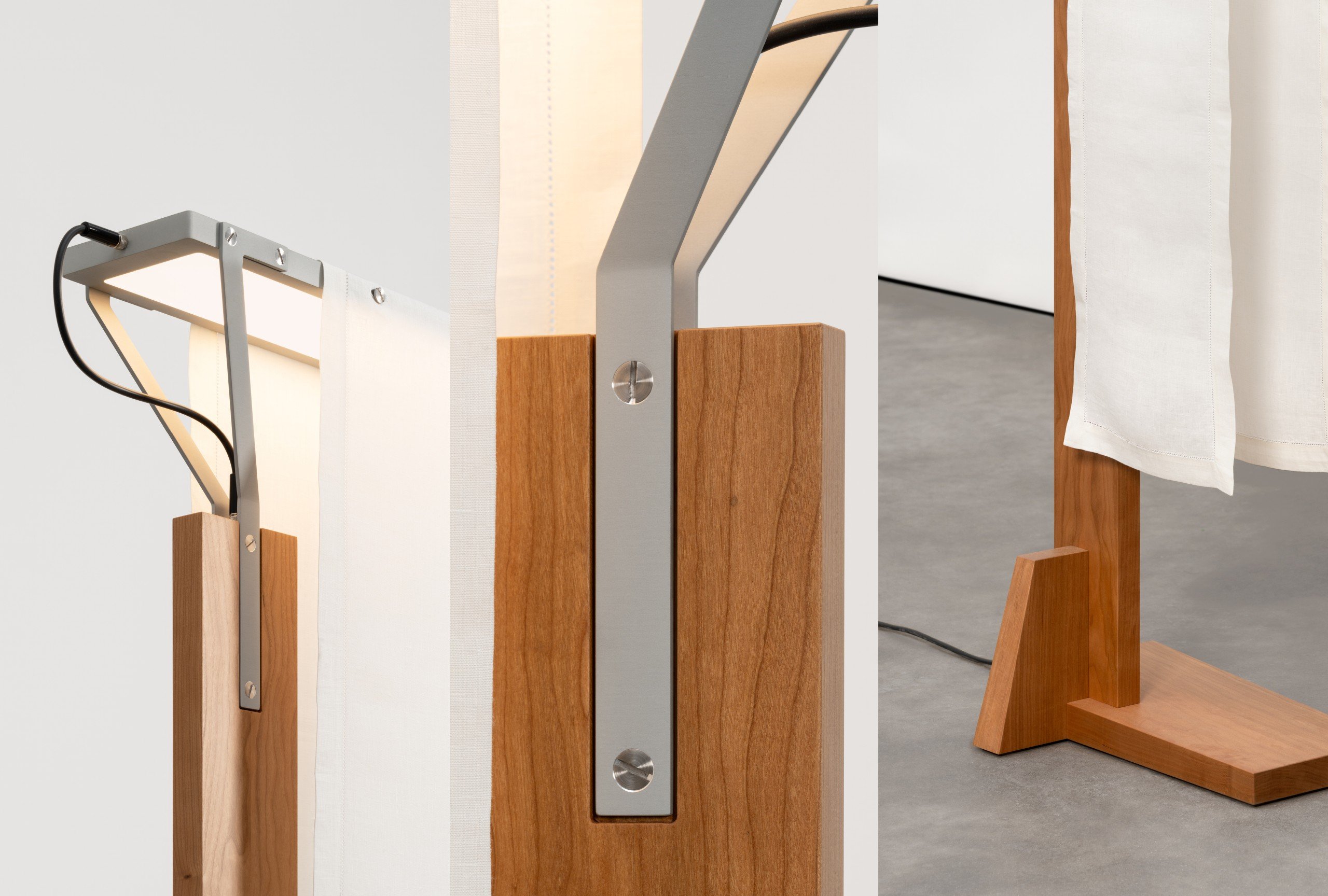 Up-close shots of a wooden piece of furniture with a rectangular metal light fixture integrated on top