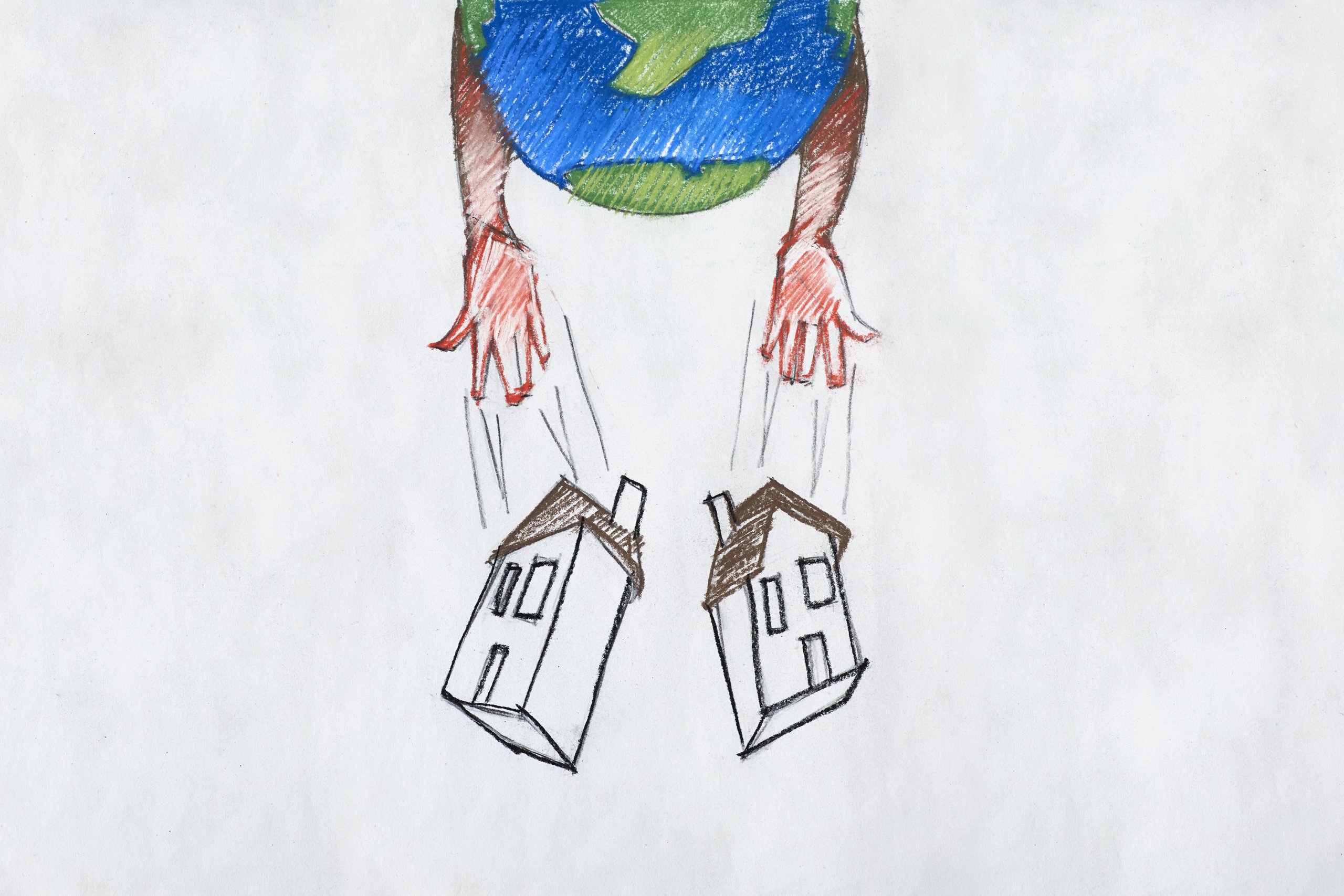 colored pencil illustration of Earth with two arms dropping two houses