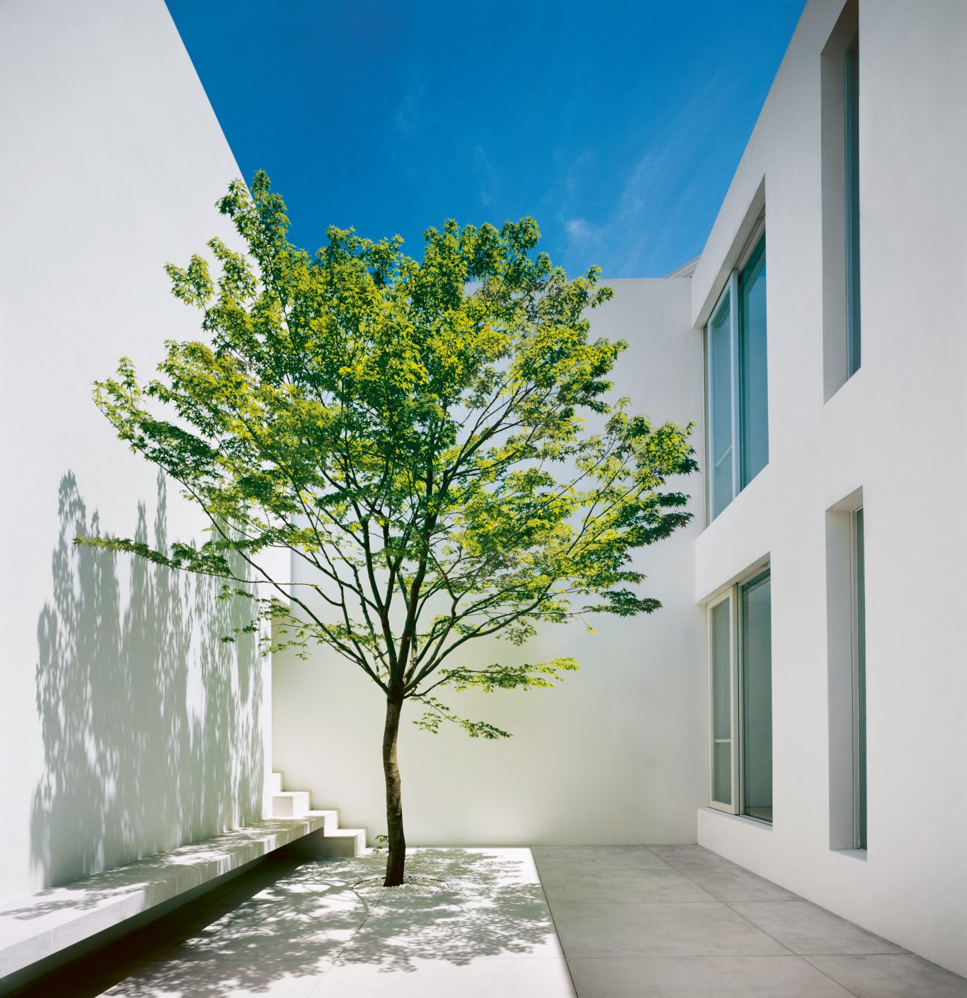 John Pawson’s minimalist white tetsuka house with a tree in front of it