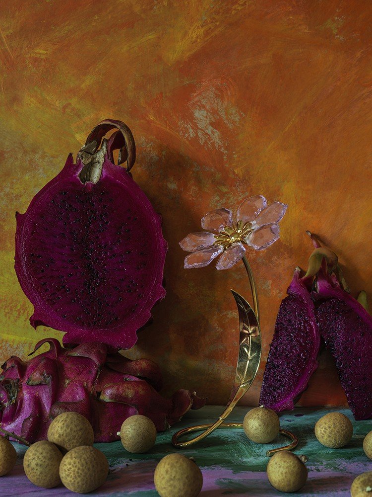 Photograph of dragonfruit, kiwis, and flower scultpure against orange wall from “Nino + Dad (Home Studies)”