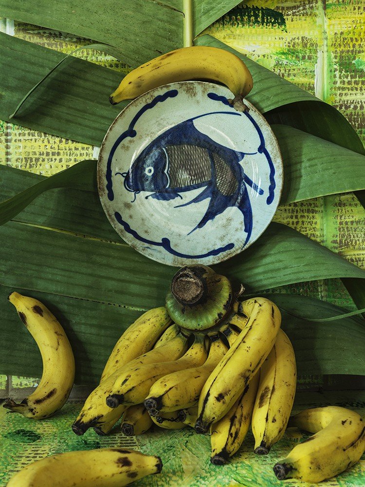Photograph of bananas and fish plate against wall of banana leaves by Chris and Nino Mottalini from “Nino + Dad (Home Studies)”