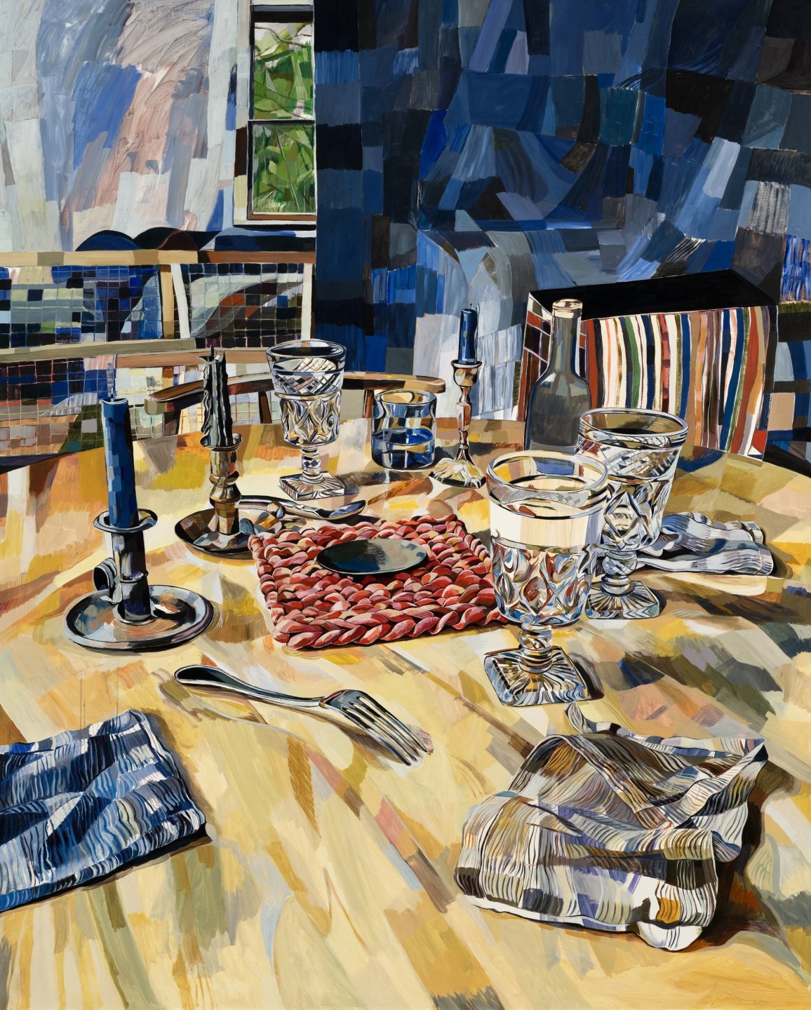 Painting of dinner table with many different glasses and candle holders on it and disheveled napkins and fork