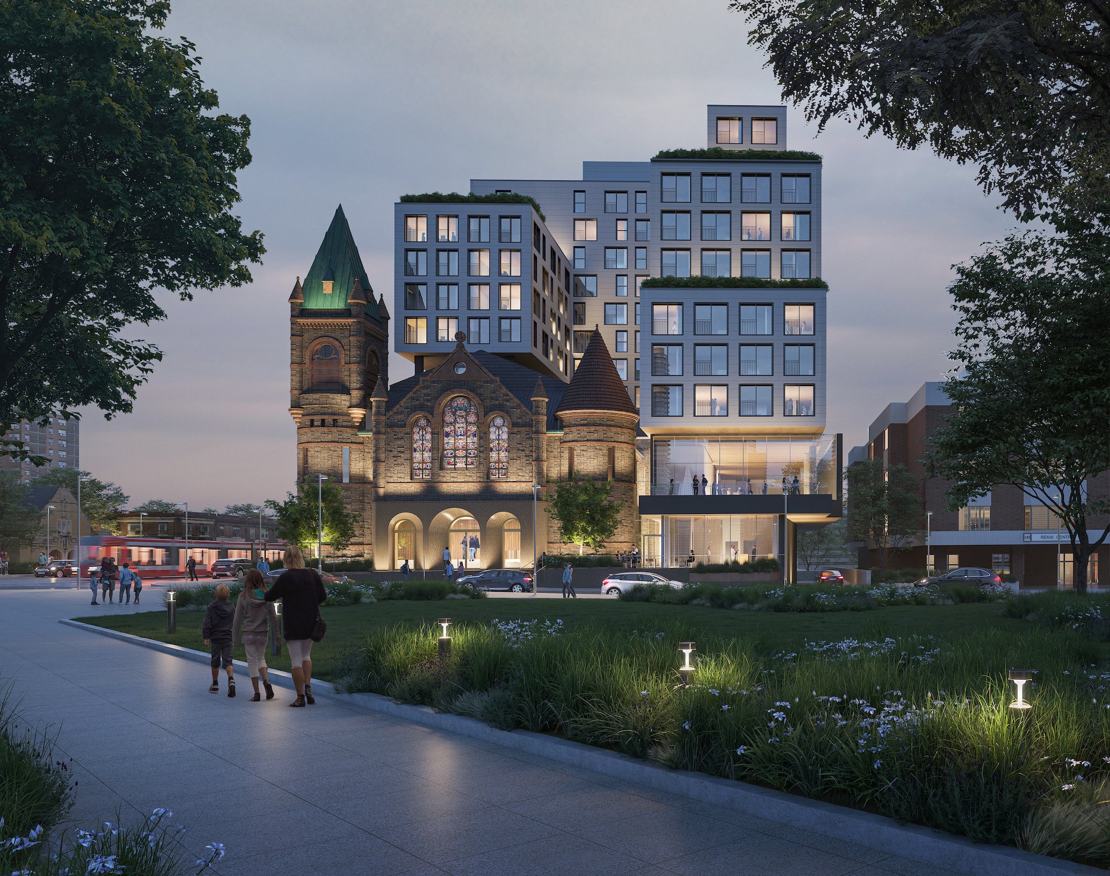 Rendering of an old church with a new building behind it