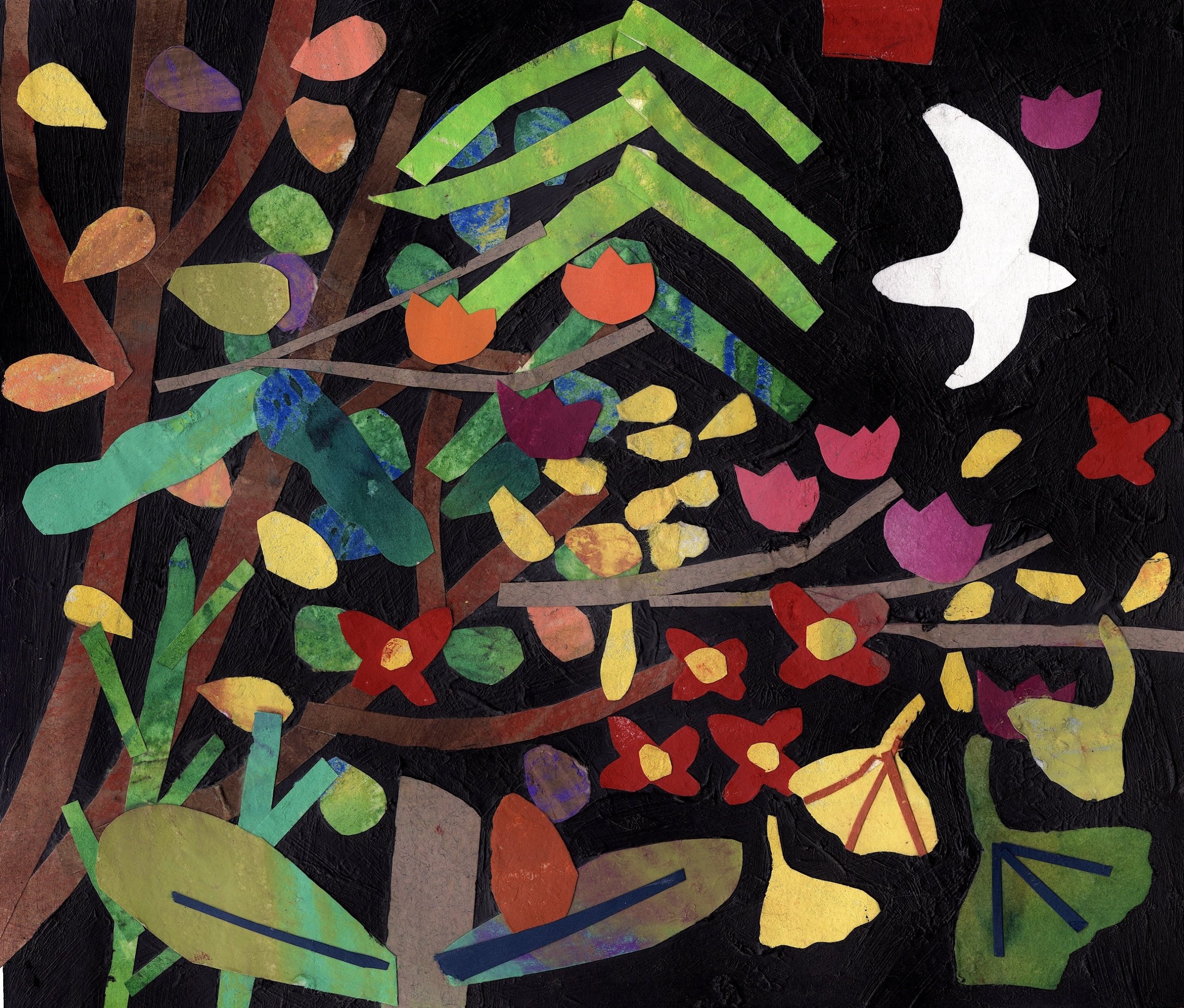 Colorful collage-like illustration by Inika Agarwal of trees, leaves, and flowers against a black background