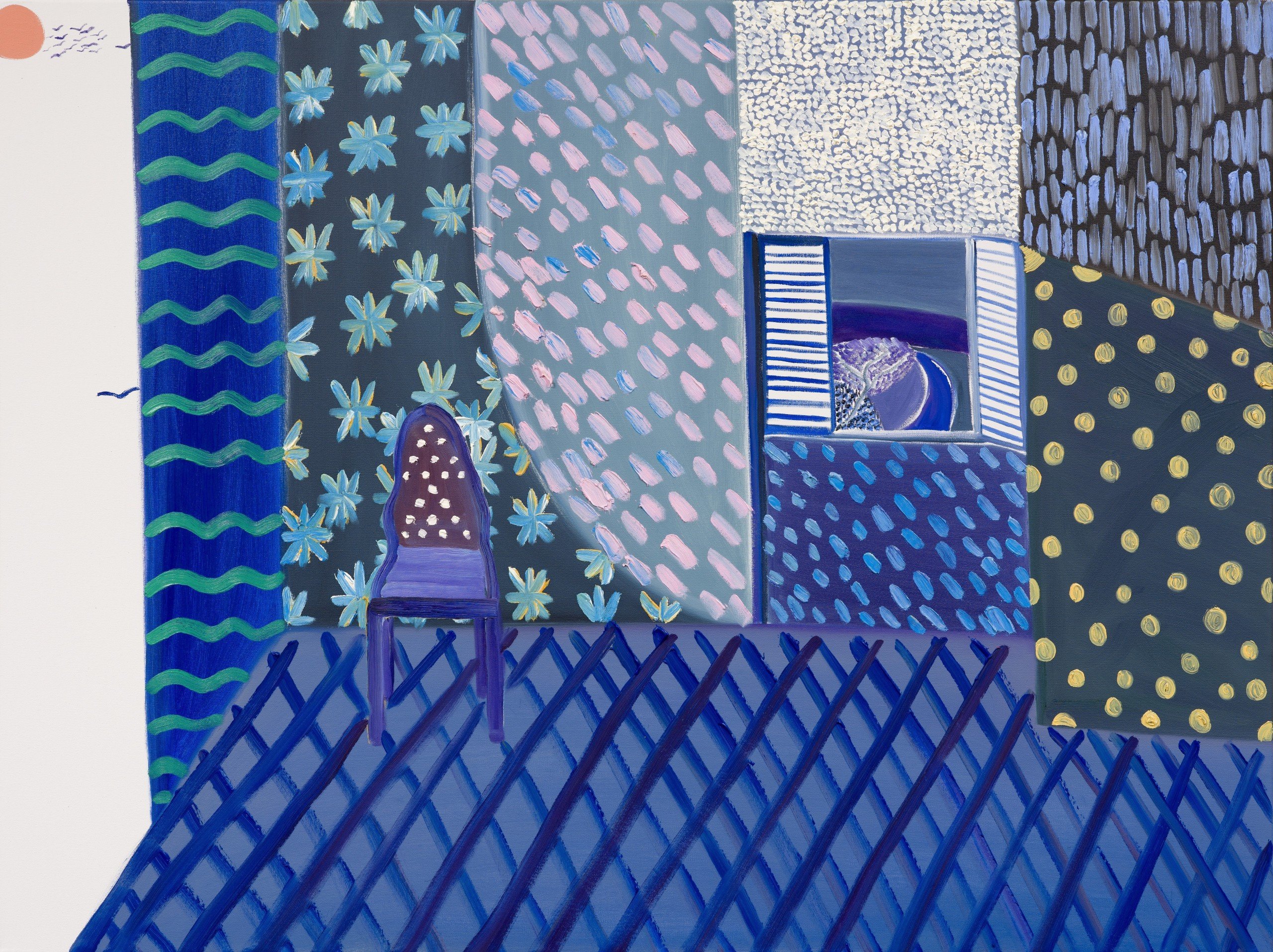 Blue-toned painting of room with chair by artist Matthew Wong