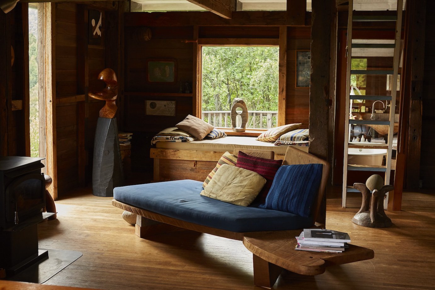 interior of J.B. Blunk's small wooden handcrafted cabin