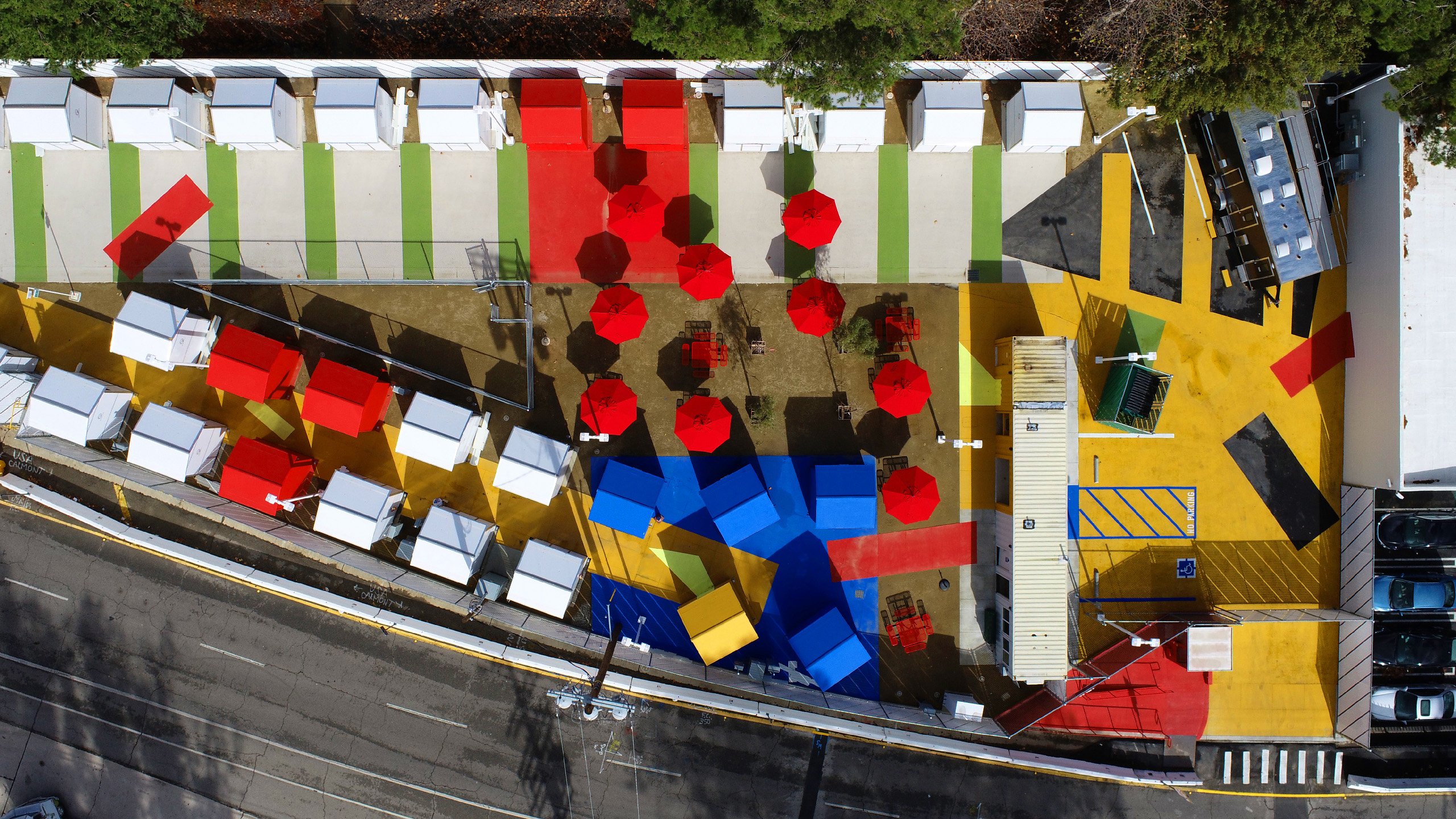 aerial view of colorful micro home neighborhood