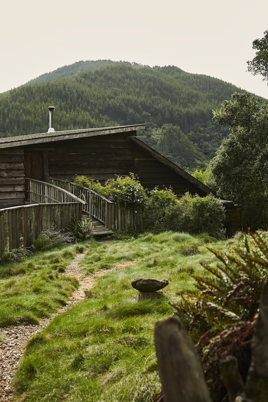 exterior shot of J.B. Blunk's wooden handcrafted small cabin on a grassy hill with rolling wooded hills behind it