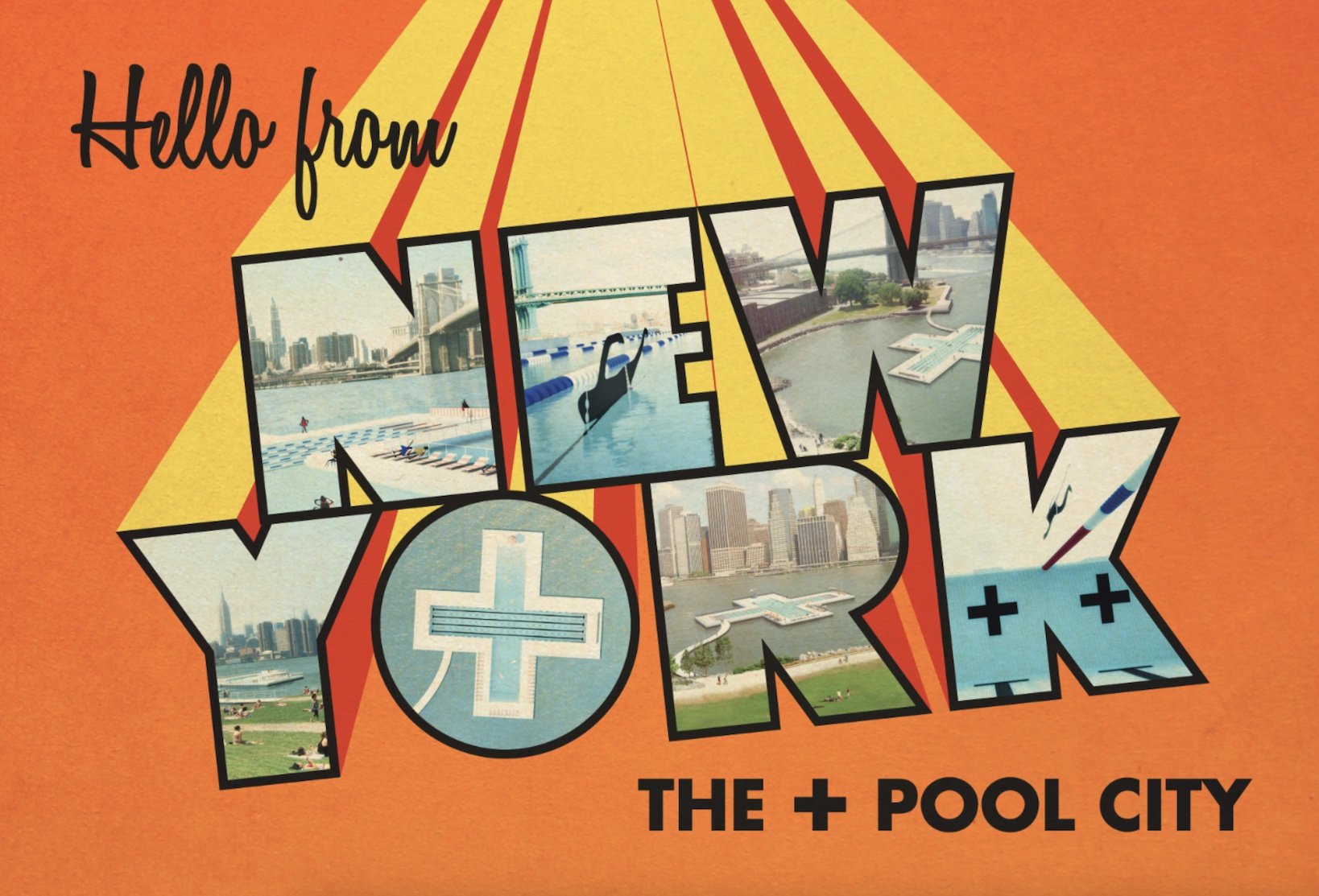 A bright orange Plus Pool postcard that says "Hello from New York: The Plus Pool City"