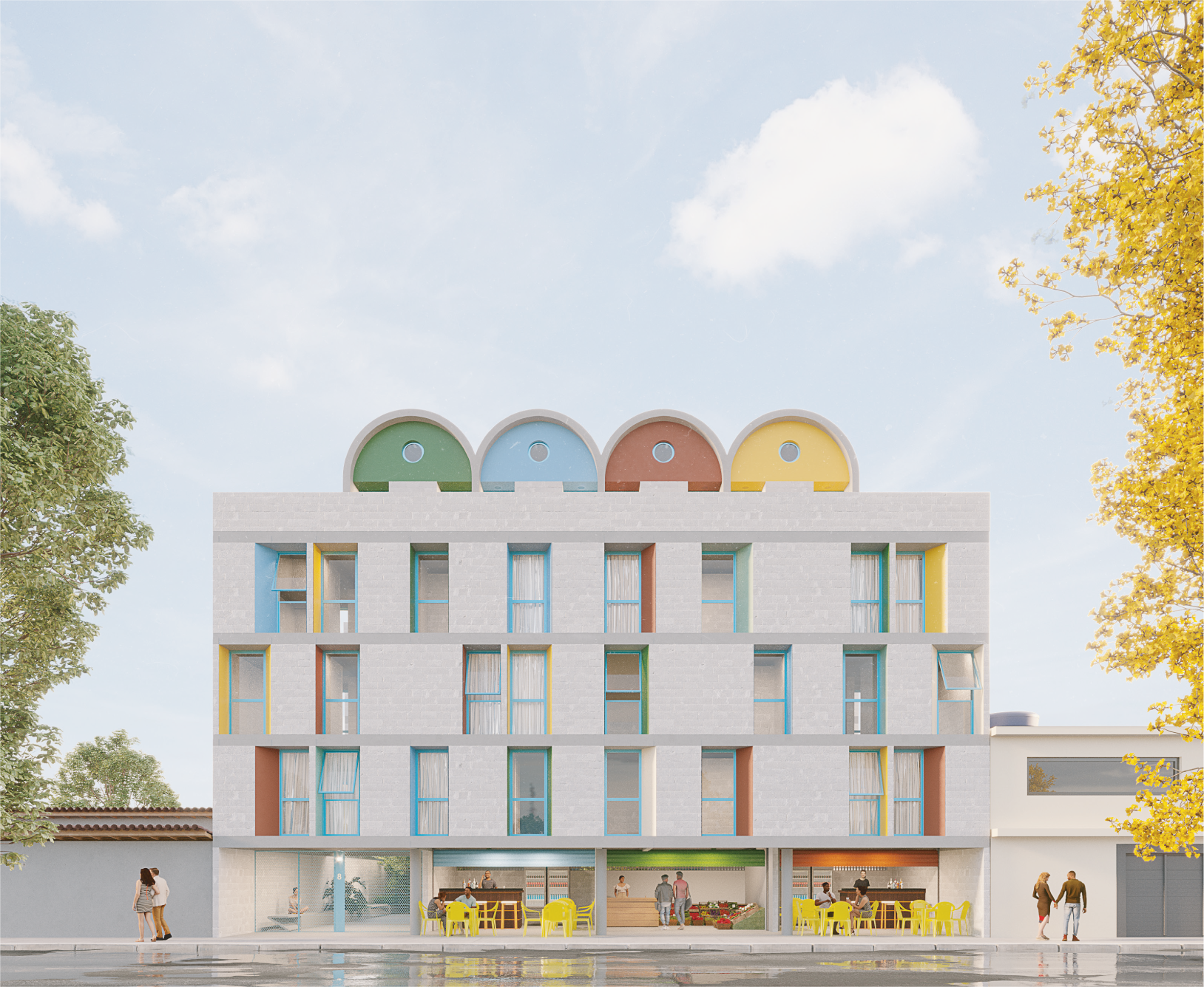 Rendering of colorful urban building for Jardim Lapena Social Housing designed by Apparatus Architects and Alvaro Arancibia