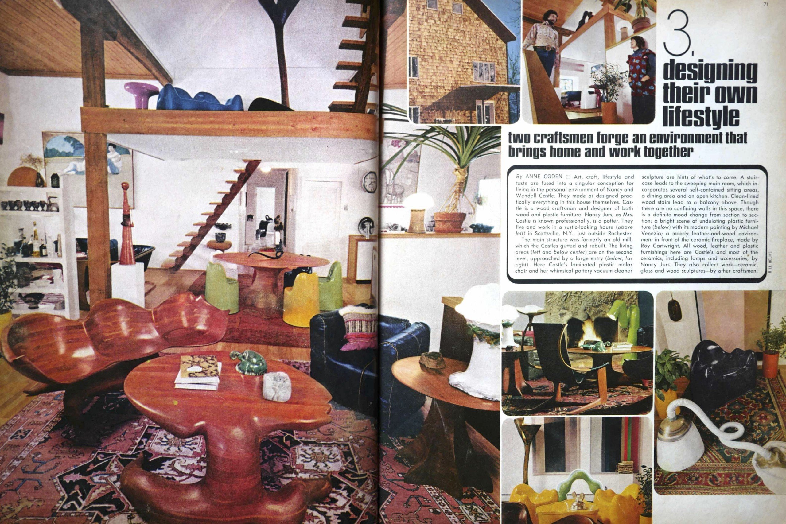 Colorful House Beautiful spread from 1973 showing Wendell Castle's home interiors